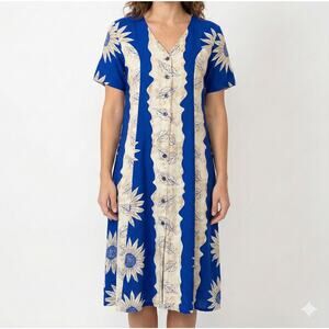 Island Style Large Rayon Dress Blue Yellow Short Sleeve Tie Back Rayon